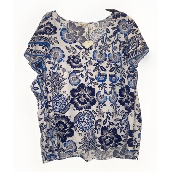 Rachel Zoe Tops - Rachel Zoe Women’s Blue Floral Flutter Sleeve V Neck Blouse Top Size 2X NEW